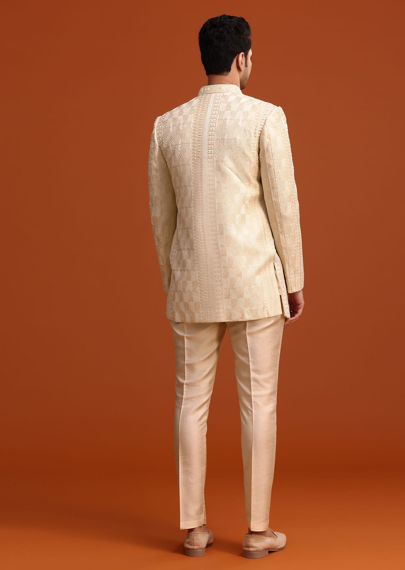 Beige Silk Indo Western And Kurta Set With Zardozi Work