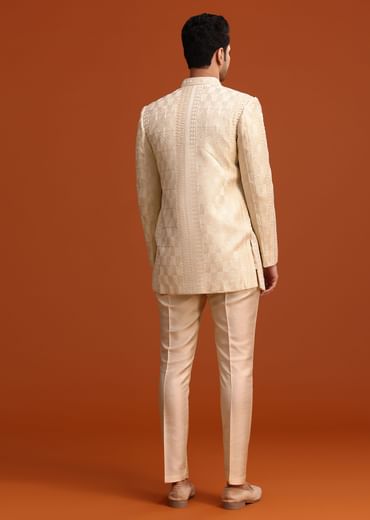 Beige Silk Indo Western And Kurta Set With Zardozi Work