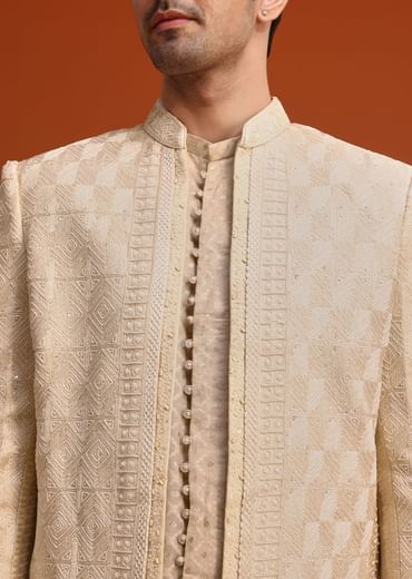 Beige Silk Indo Western And Kurta Set With Zardozi Work