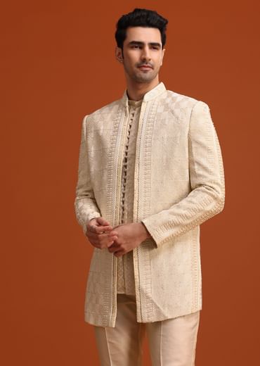 Beige Silk Indo Western And Kurta Set With Zardozi Work