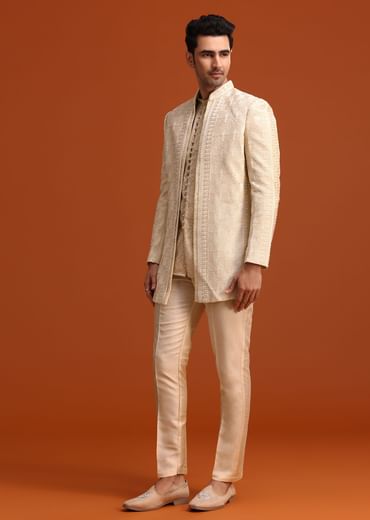 Beige Silk Indo Western And Kurta Set With Zardozi Work