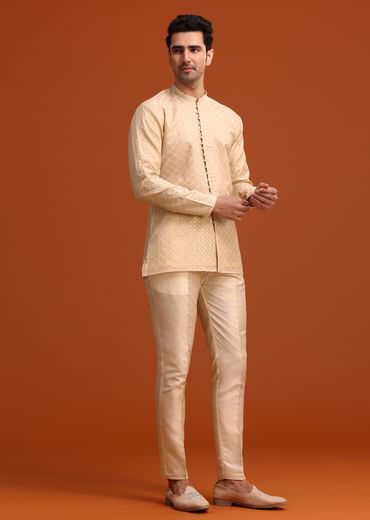 Beige Silk Indo Western And Kurta Set With Zardozi Work