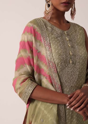 Beige Silk Palazzo Set With Leheriya Dupatta
