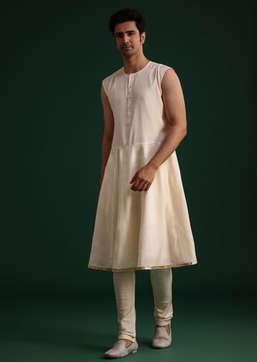 Beige Silk Sherwani Set With Zardozi Work