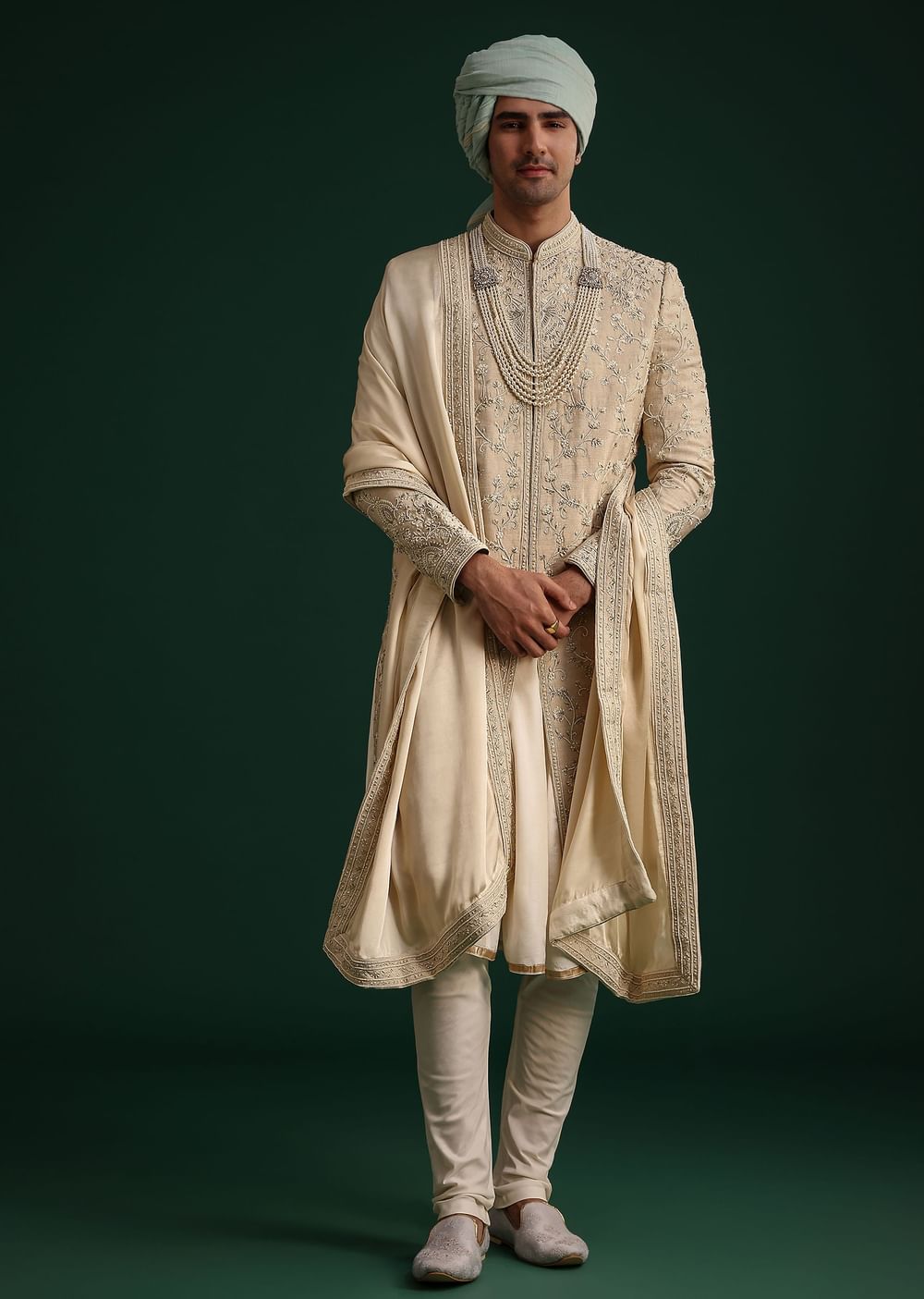 Beige Silk Sherwani Set With Zardozi Work