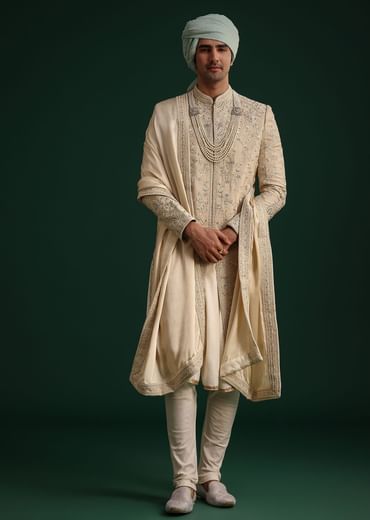 Beige Silk Sherwani Set With Zardozi Work