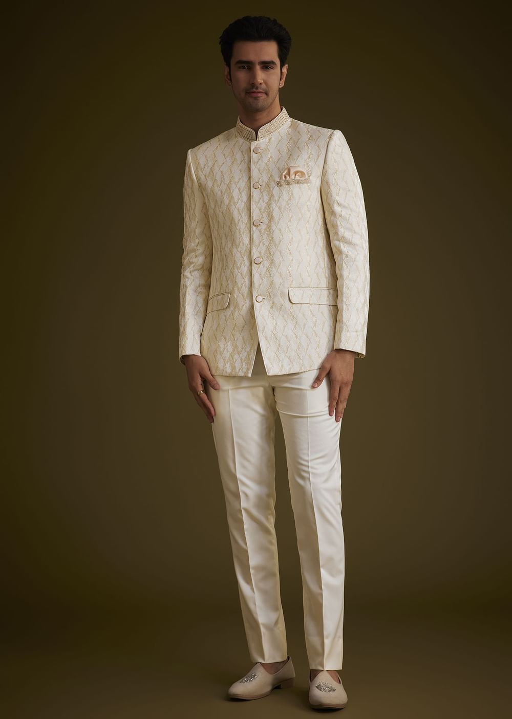 Beige Silk Textured Jodhpuri Suit With Cut Dana Accents