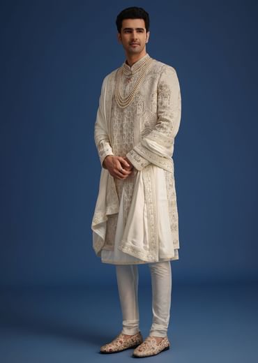 Beige Silk Zardozi Work Sherwani Set With Mala