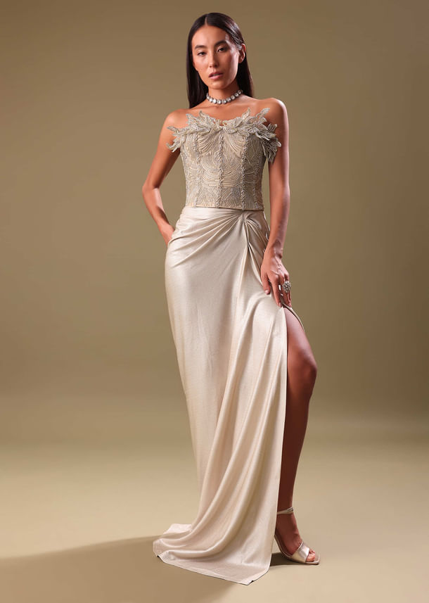 Beige Silver Draped Skirt With Embroidered Blouse Beige Silver Draped Skirt With Embroidered Blouse