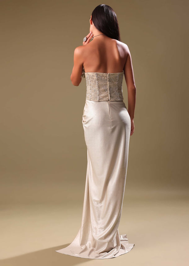 Beige Silver Draped Skirt With Embroidered Blouse Beige Silver Draped Skirt With Embroidered Blouse