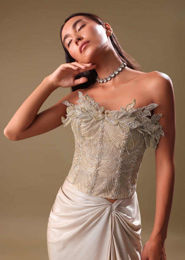 Beige Silver Draped Skirt With Embroidered Blouse Beige Silver Draped Skirt With Embroidered Blouse