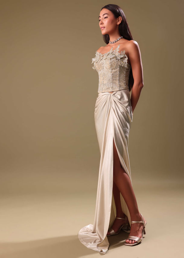 Beige Silver Draped Skirt With Embroidered Blouse Beige Silver Draped Skirt With Embroidered Blouse