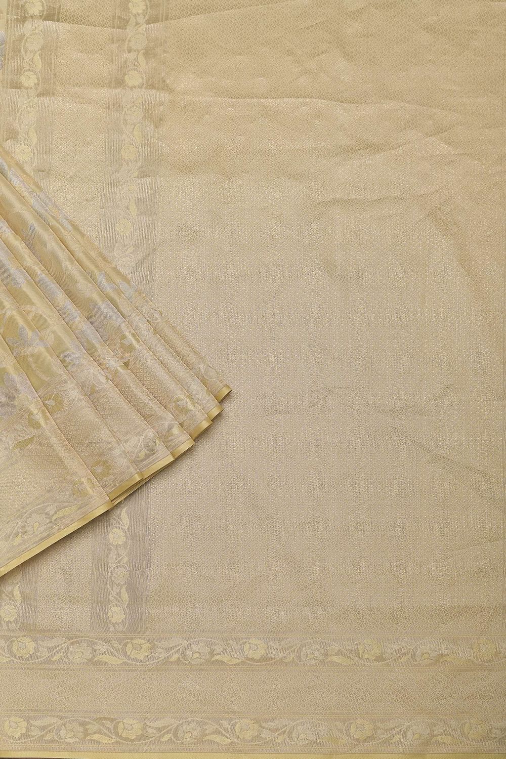Beige South Dharmavaram Silk Saree With Woven Antique Motifs And Unstitched Blouse Fabric