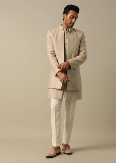 Beige Textured Indowestern Set for Grooms
