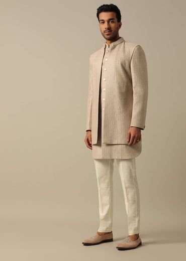 Beige Textured Indowestern Set for Grooms