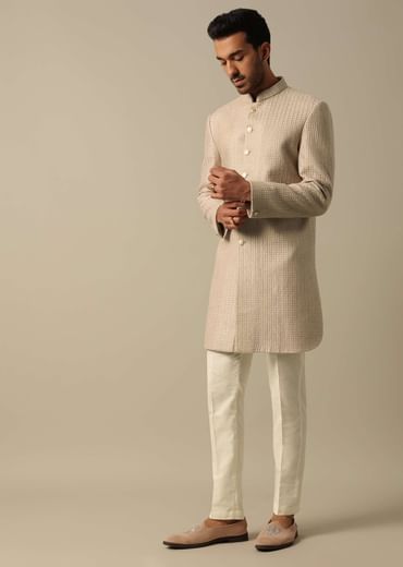 Beige Textured Indowestern Set for Grooms