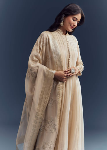 Beige Tissue Anarkali Suit With Delicate Zari Embroidery