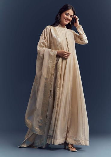 Beige Tissue Anarkali Suit With Delicate Zari Embroidery