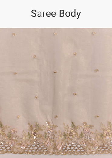Beige Tissue Embroidered Saree With Floral Hand Embroidery
