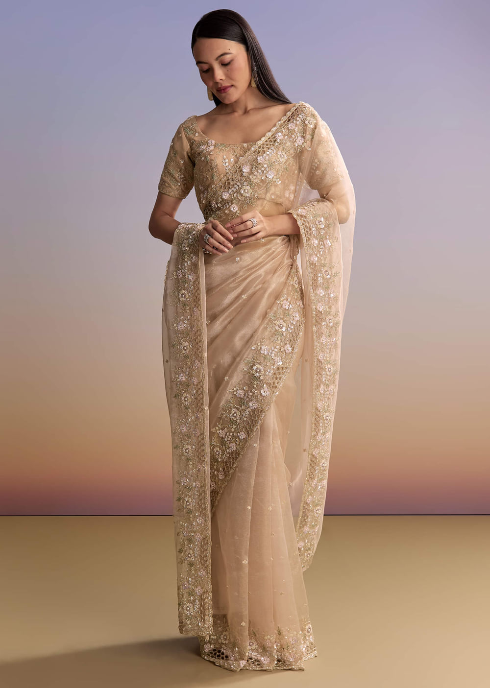 Beige Tissue Embroidered Saree With Floral Hand Embroidery
