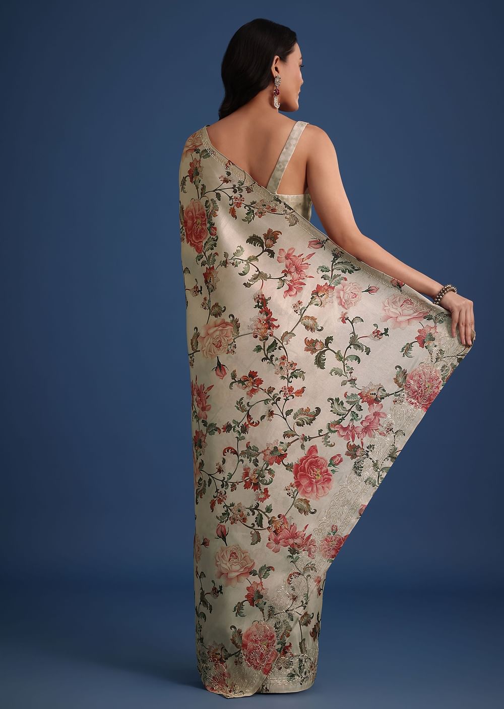 Beige Tissue Muslin Saree With Pitta Work And Digital Print