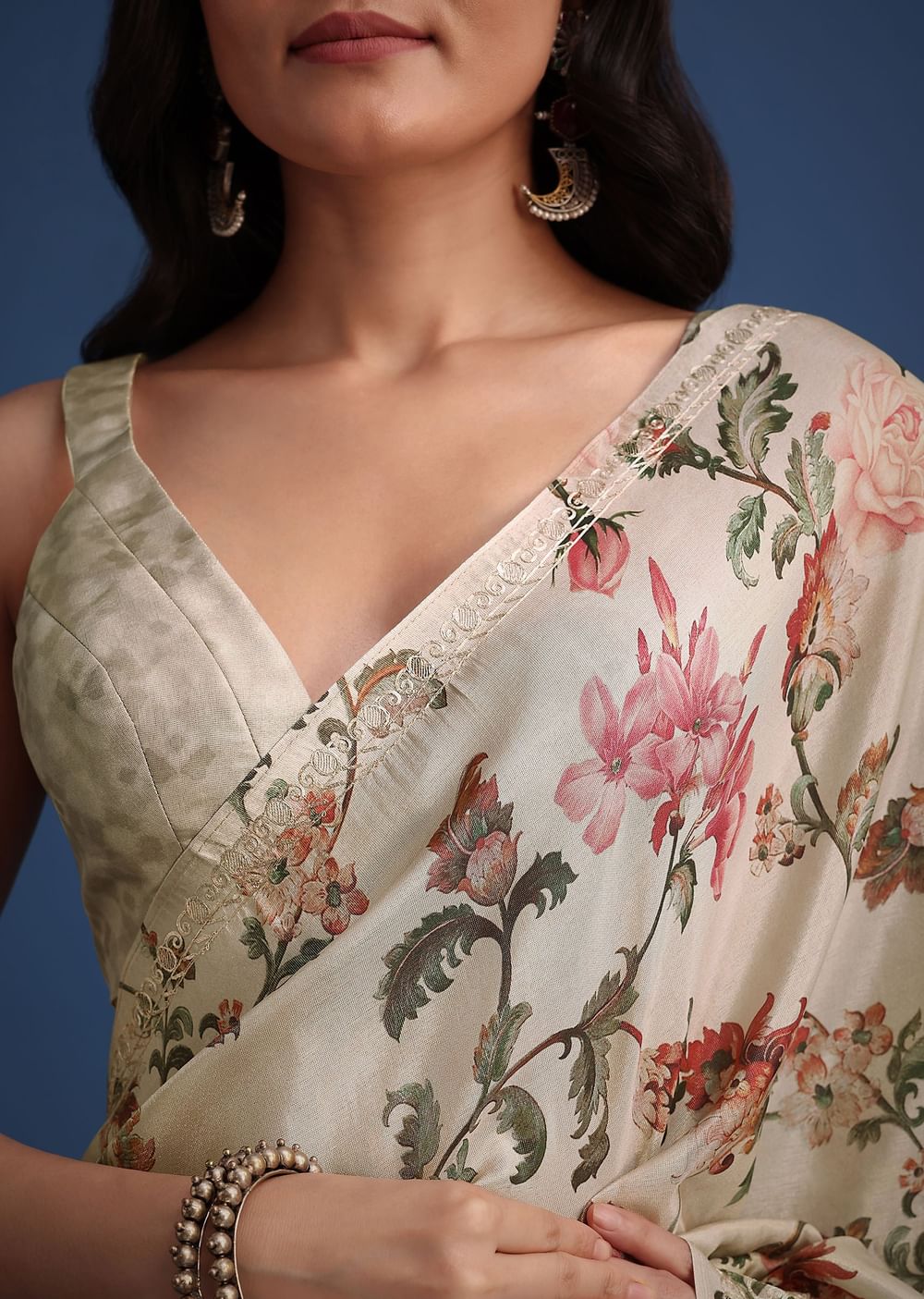 Beige Tissue Muslin Saree With Pitta Work And Digital Print