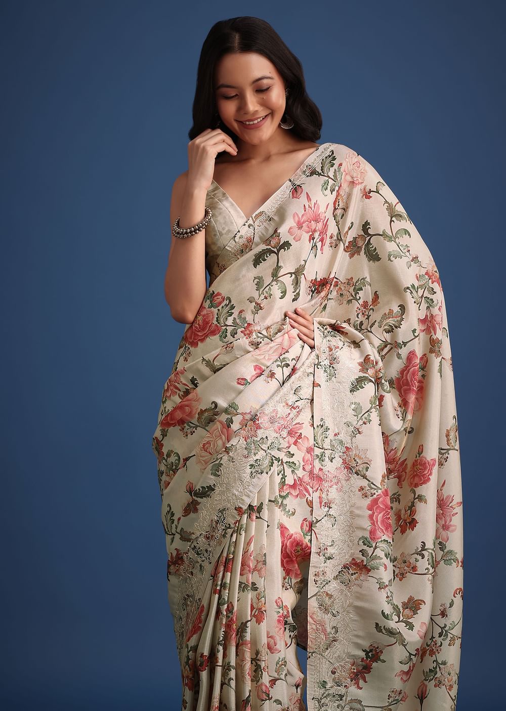 Beige Tissue Muslin Saree With Pitta Work And Digital Print