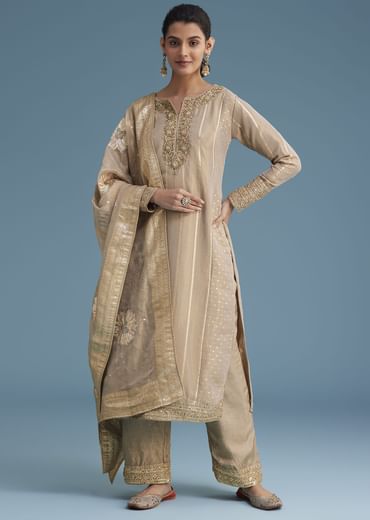 Beige Tissue Pant Set With Multi Colour Resham Work Dupatta