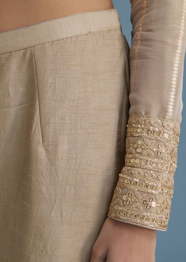 Beige Tissue Pant Set With Multi Colour Resham Work Dupatta