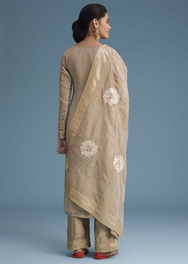 Beige Tissue Pant Set With Multi Colour Resham Work Dupatta