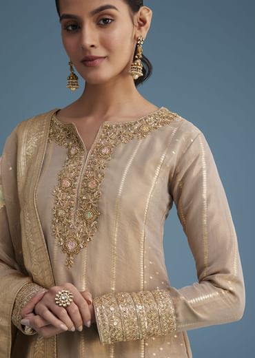 Beige Tissue Pant Set With Multi Colour Resham Work Dupatta