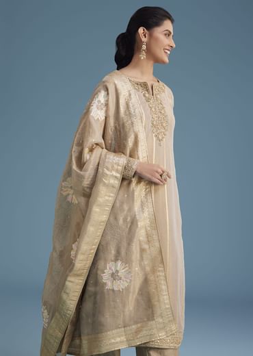 Beige Tissue Pant Set With Multi Colour Resham Work Dupatta