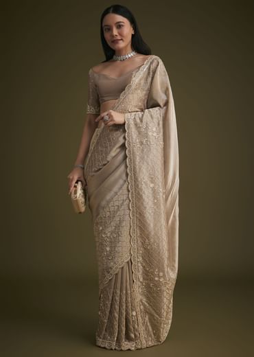 Beige Tissue Embroidered Saree With Scallop Border