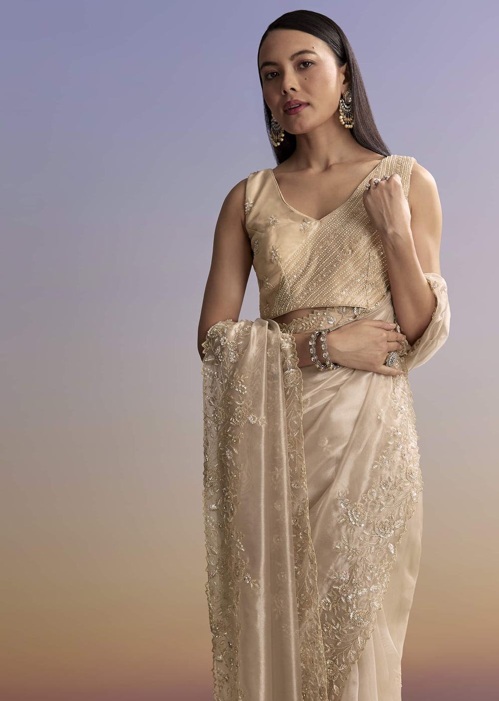 Beige Tissue Saree With Floral Embroidery And Beadwork