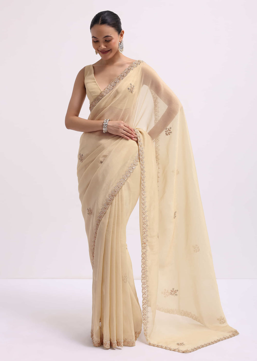 Cream Tissue Saree With Gotta Work And Unstitched Blouse