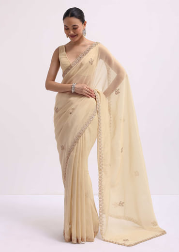 Cream Tissue Saree With Gotta Work And Unstitched Blouse