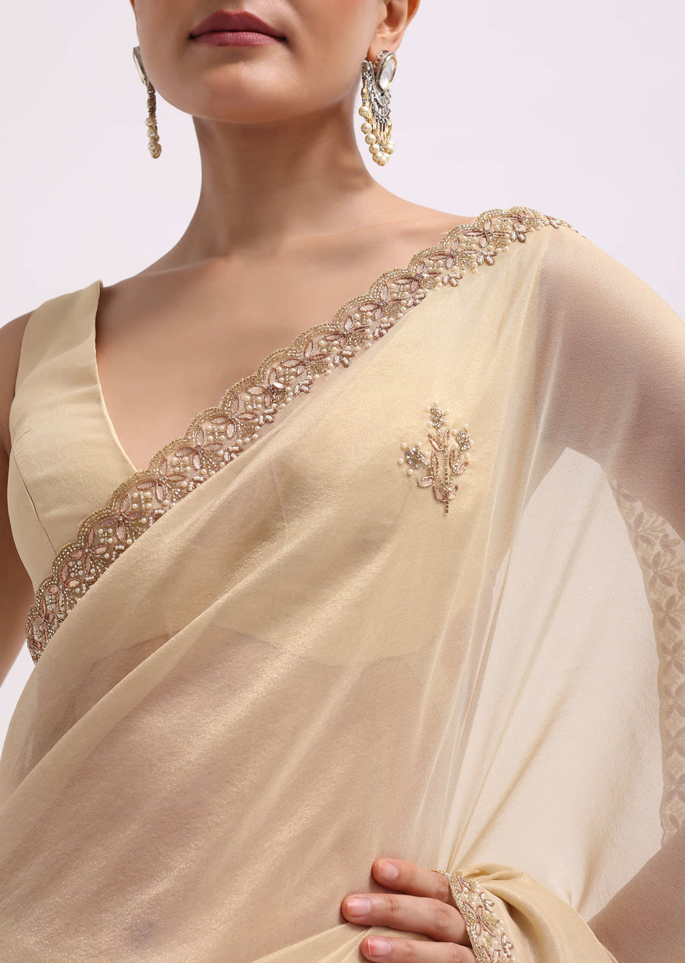 Cream Tissue Saree With Gotta Work And Unstitched Blouse