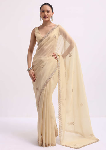 Cream Tissue Saree With Gotta Work And Unstitched Blouse