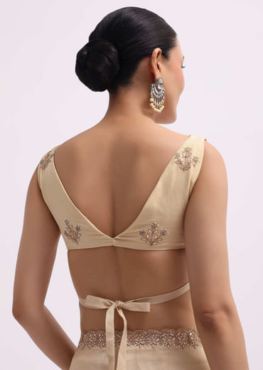 Cream Tissue Saree With Gotta Work And Unstitched Blouse