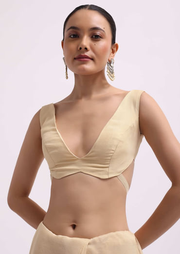 Cream Tissue Saree With Gotta Work And Unstitched Blouse