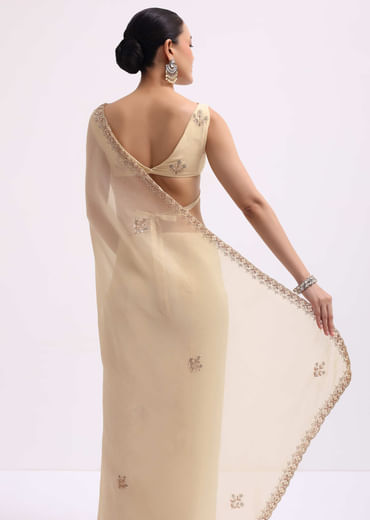 Cream Tissue Saree With Gotta Work And Unstitched Blouse