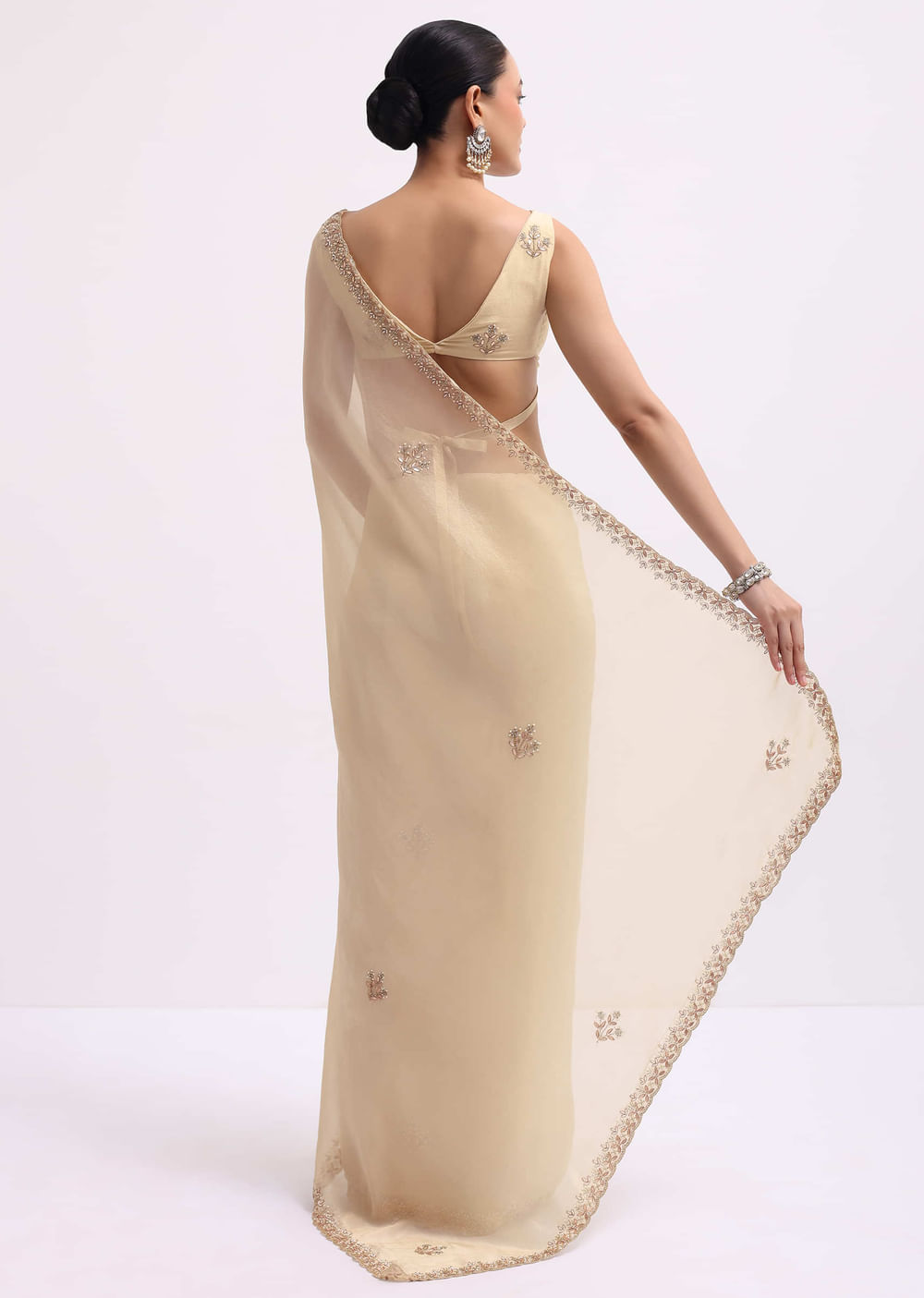 Cream Tissue Saree With Gotta Work And Unstitched Blouse