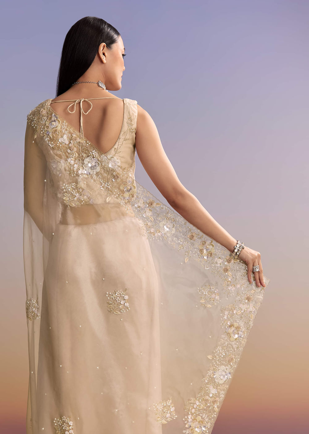 Beige Tissue Saree With Moti And Cutdana Embroidery