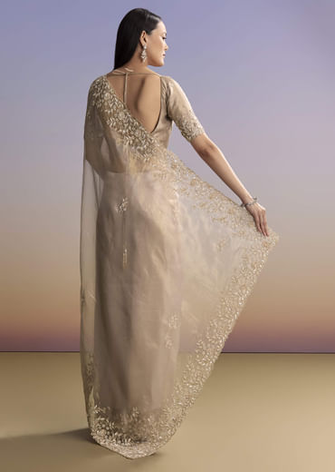 Beige Tissue Saree With Sequins And Cutdana Embroidery