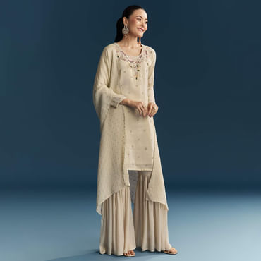 Beige Tissue Sharara Suit With Zardosi And Resham Embroidery