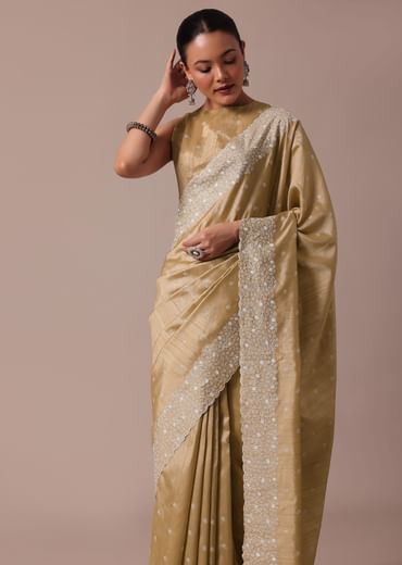 Beige Tussar Saree With Unstitched Blouse