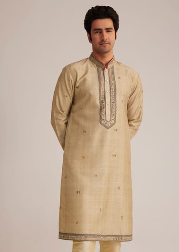 Beige Tussar Silk Kurta Set