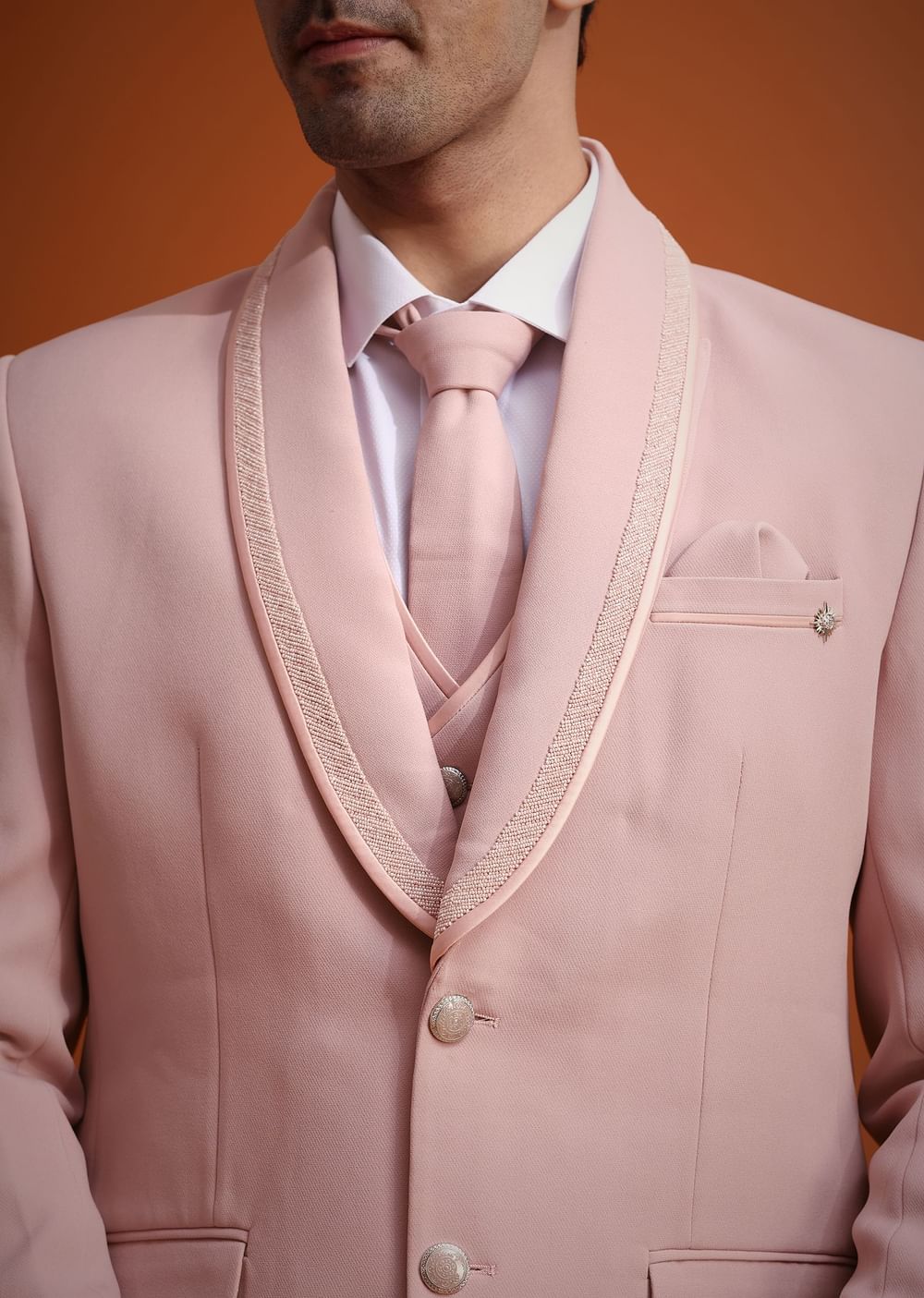 Beige Tuxedo And Pant Set With Cutdana Embellishments