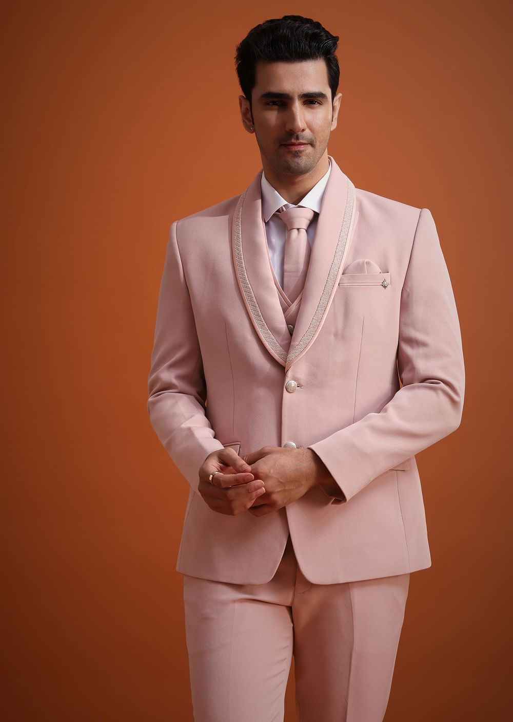Beige Tuxedo And Pant Set With Cutdana Embellishments