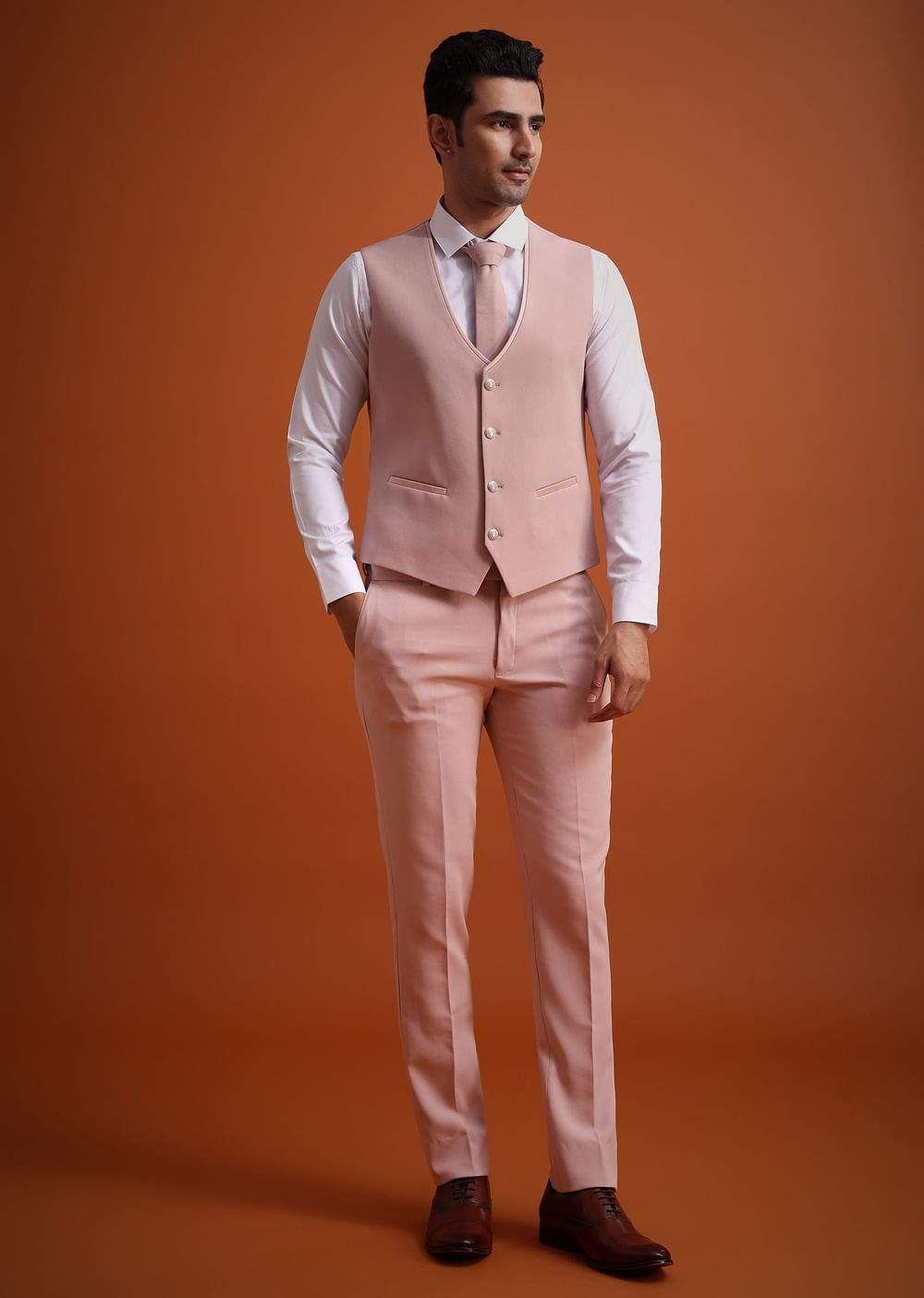 Beige Tuxedo And Pant Set With Cutdana Embellishments
